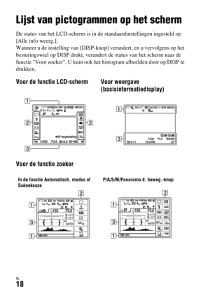 Page 416NL18
Lijst van pictogrammen op het scherm
De status van het LCD-scherm is in de standaardinstellingen ingesteld op 
[Alle info weerg.].
Wanneer u de instelling van [DISP-knop] verandert, en u vervolgens op het 
besturingswiel op DISP drukt, verandert de status van het scherm naar de 
functie Voor zoeker. U kunt ook het histogram afbeelden door op DISP te 
drukken.
Voor de functie LCD-scherm Voor weergave 
(basisinformatiedisplay)
Voor de functie zoeker
In de functie Automatisch. modus of...