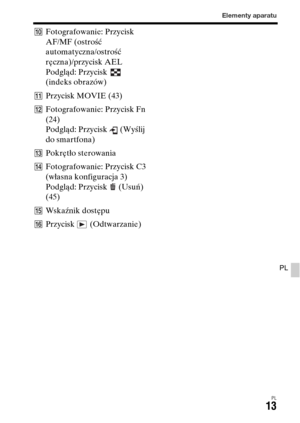 Page 479Elementy aparatu
PL13
PL
JFotografowanie: Przycisk 
AF/MF (ostrość 
automatyczna/ostrość 
ręczna)/przycisk AEL
Podgląd: Przycisk   
(indeks obrazów)
KPrzycisk MOVIE (43)
LFotografowanie: Przycisk Fn 
(24)
Podgląd: Przycisk   (Wyślij 
do smartfona)
MPokrętło sterowania
NFotografowanie: Przycisk C3 
(własna konfiguracja 3) 
Podgląd: Przycisk   (Usuń) 
(45)
OWskaźnik dostępu
PPrzycisk  (Odtwarzanie) 