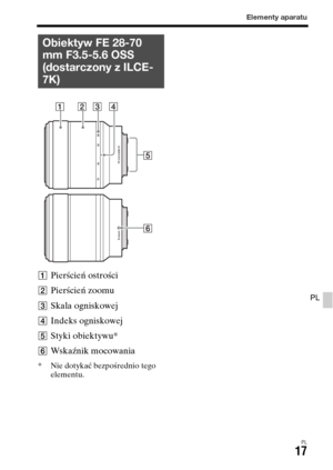 Page 483Elementy aparatu
PL17
PL
APierścień ostrości
BPierścień zoomu
CSkala ogniskowej
DIndeks ogniskowej
EStyki obiektywu*
FWskaźnik mocowania
* Nie dotykać bezpośrednio tego 
elementu.
Obiektyw FE 28-70 
mm F3.5-5.6 OSS 
(dostarczony z ILCE-
7K) 