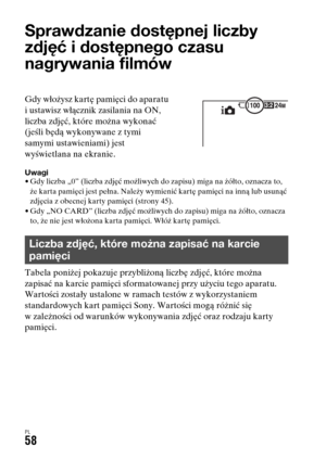 Page 524PL58
Sprawdzanie dostępnej liczby 
zdjęć i dostępnego czasu 
nagrywania filmów
Uwagi• Gdy liczba „0” (liczba zdjęć możliwych do zapisu) miga na żółto, oznacza to, 
że karta pamięci jest pełna. Należy wymienić kartę pamięci na inną lub usunąć 
zdjęcia z obecnej karty pamięci (strony 45).
• Gdy „NO CARD” (liczba zdjęć możliwych do zapisu) miga na żółto, oznacza 
to, że nie jest włożona karta pamięci. Włóż kartę pamięci.
Tabela poniżej pokazuje przybliżoną liczbę zdjęć, które można 
zapisać na karcie...