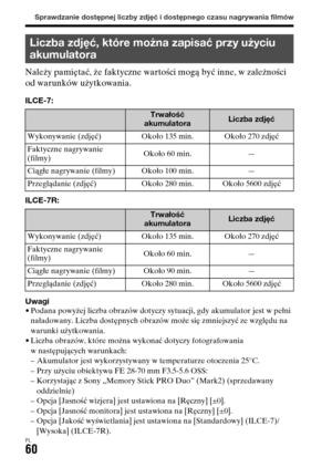 Page 526Sprawdzanie dostępnej liczby zdjęć i dostępnego czasu nagrywania filmów
PL60
Należy pamiętać, że faktyczne wartości mogą być inne, w zależności 
od warunków użytkowania.
ILCE-7:
ILCE-7R:
Uwagi
• Podana powyżej liczba obrazów dotyczy sytuacji, gdy akumulator jest w pełni 
naładowany. Liczba dostępnych obrazów może się zmniejszyć ze względu na 
warunki użytkowania.
• Liczba obrazów, które można wykonać dotyczy fotografowania 
w następujących warunkach:
– Akumulator jest wykorzystywany w temperaturze...