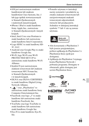 Page 535Dane techniczne
PL69
PL
• iOS jest zastrzeżonym znakiem 
handlowym lub znakiem 
handlowym Cisco Systems, Inc. i/
lub jego spółek stowarzyszonych 
w Stanach Zjednoczonych 
i niektórych innych krajach.
• iPhone i iPad to znaki handlowe 
firmy Apple Inc., zastrzeżone 
w Stanach Zjednoczonych i innych 
krajach.
• Intel, Intel Core oraz Pentium to 
znaki handlowe lub zastrzeżone 
znaki handlowe Intel Corporation.
• Logo SDXC to znak handlowy SD-
3C, LLC.
• Android oraz Google Play to znaki 
handlowe Google...
