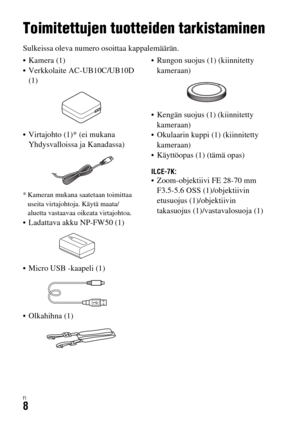 Page 580FI8
Ennen käyttöä
Toimitettujen tuotteiden tarkistaminen
Sulkeissa oleva numero osoittaa kappalemäärän.
 Kamera (1)
 Verkkolaite AC-UB10C/UB10D 
(1)
 Virtajohto (1)* (ei mukana 
Yhdysvalloissa ja Kanadassa)
* Kameran mukana saatetaan toimittaa 
useita virtajohtoja. Käytä maata/
aluetta vastaavaa oikeata virtajohtoa.
 Ladattava akku NP-FW50 (1)
 Micro USB -kaapeli (1)
 Olkahihna (1) Rungon suojus (1) (kiinnitetty 
kameraan)
 Kengän suojus (1) (kiinnitetty 
kameraan)
 Okulaarin kuppi (1) (kiinnitetty...
