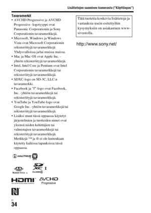 Page 606Lisätietojen saaminen kamerasta (”Käyttöopas”)
FI34
Tavaramerkit AVCHD Progressive ja AVCHD 
Progressive -logotyyppi ovat 
Panasonic Corporationin ja Sony 
Corporationin tavaramerkkejä.
 Microsoft, Windows ja Windows 
Vista ovat Microsoft Corporationin 
rekisteröityjä tavaramerkkejä 
Yhdysvalloissa ja/tai muissa maissa.
 Mac ja Mac OS ovat Apple Inc. -
yhtiön rekisteröityjä tavaramerkkejä.
 Intel, Intel Core ja Pentium ovat Intel 
Corporationin tavaramerkkejä tai 
rekisteröityjä tavaramerkkejä....