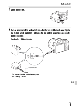 Page 621Lade batteriet
NO15
NO
4Lukk dekselet.
5Koble kameraet til vekselstrømadapteren (inkludert) ved hjelp 
av mikro-USB-kabelen (inkludert), og koble strømadapteren til 
stikkontakten.
For kunder i USA og Canada
For kunder i andre land eller regioner 
enn USA og CanadaStrømkabel 