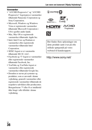 Page 676Lær mere om kameraet (Hjælp Vejledning)
DK36
Varemærker AVCHD Progressive og AVCHD 
Progressive-logotypen er varemærker 
tilhørende Panasonic Corporation og 
Sony Corporation.
 Microsoft, Windows og Windows 
Vista er registrerede varemærker 
tilhørende Microsoft Corporation i 
USA og/eller andre lande.
 Mac, Mac OS er registrerede 
varemærker tilhørende Apple Inc.
 Intel, Intel Core og Pentium er 
varemærker eller registrerede 
varemærker tilhørende Intel 
Corporation.
 SDXC-logoet er et varemærke...