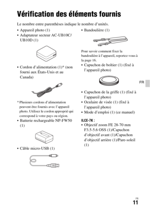 Page 75FR11
FR
Avant utilisation
Vérification des éléments fournis
Le nombre entre parenthèses indique le nombre d’unités.
 Appareil photo (1)
 Adaptateur secteur AC-UB10C/
UB10D (1)
 Cordon d’alimentation (1)* (non 
fourni aux États-Unis et au 
Canada)
* Plusieurs cordons d’alimentation 
peuvent être fournis avec l’appareil 
photo. Utilisez le cordon approprié qui 
correspond à votre pays ou région.
 Batterie rechargeable NP-FW50 
(1)
 Câble micro-USB (1) Bandoulière (1)
Pour savoir comment fixer la...