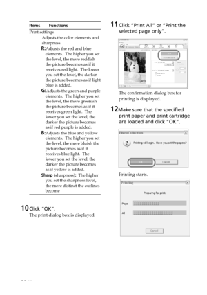 Page 3030 GB
Digital Photo Printer -DPP-FP30_GB_UC2/CED/CEK/AU_ 2-190-186-12(1)
Items Functions
Print settings
  Adjusts the color elements and
sharpness.
R:Adjusts the red and blue
elements.  The higher you set
the level, the more reddish
the picture becomes as if it
receives red light.  The lower
you set the level, the darker
the picture becomes as if light
blue is added.
G:Adjusts the green and purple
elements.  The higher you set
the level, the more greenish
the picture becomes as if it
receives green...