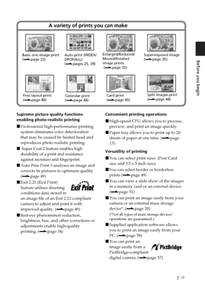 Page 77 GB
Before you begin
Digital Photo Printer -DPP-FP50_GB_UC2/CED/CEK/AU_ 2-599-949-11(1)
A variety of prints you can make
Basic one-image print
(.page 22)Auto print (INDEX/
DPOF/ALL)
(.pages 25, 29)Enlarged/Reduced/
Moved/Rotated
image prints
 (.page 32)Superimposed image
(.page 35)
Free layout print
(.page 40)Calendar print
(.page 44)Card print
(.page 45)Split images print
(.page 46)
Supreme picture quality functions
enabling photo-realistic printing
xProfessional high-performance printing
system...