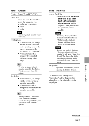 Page 5555 GB
Printing from a PC
Items Functions
Printer Select “Sony DPP-FP55”.
Paper size
From the drop-down list box,
select the paper size you
actually use for printing:
•P size
•L size
Note
In some regions, L size print paper
is not sold.
Print options
•When checked, an image
will be printed over the
entire printing area of the
paper. An edge of the
photo may not be printed.
•When unchecked, an
image will be printed
without cutting off an
edge.
Tip
To print an image without
margins around it (Borderless...