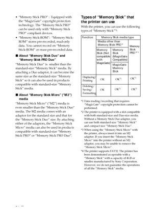 Page 8484 GB
•“Memory Stick PRO” :  Equipped with
the “MagicGate” copyright protection
technology. The “Memory Stick PRO”
can be used only with “Memory Stick
PRO” compliant devices.
• “Memory Stick-ROM”:  “Memory Stick-
ROM” stores pre-recorded, read-only
data. You cannot record on “Memory
Stick-ROM” or erase pre-recorded data.
x About “Memory Stick Duo” and
“Memory Stick PRO Duo”
“Memory Stick Duo” is  smaller than the
standard-size “Memory Stick” media. By
attaching a Duo adaptor, it can become the
same size...