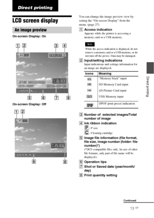 Page 1313 GB
  Direct printing
Direct printing
LCD screen display
You can change the image preview view by 
setting the “On-screen Display” from the  
menu. (page 27)
AAccess indicationAppears while the printer is accessing a 
memory card or a USB memory. 
Note
While the access indication is displayed, do not 
remove a memory card or a USB memory, or do 
not turn off the power. Data may be damaged.
BInput/setting indicationsInput indications and settings information for 
an image are displayed.
CNumber of...