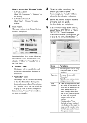 Page 4040 GB
How to access the “Pictures” folder
 In Windows 2000:
Click “My Documents” - “Pictures” on 
the desktop.
 In Windows Vista/XP:
Click “Start” - “Pictures” from the 
taskbar.
2Click “Start”.
The main window of the Picture Motion 
Browser is displayed
In main window, there are the following 
two different views. To switch the view, 
click the “Folders” or “Calendar” tab in 
the right frame.
 “Folders” view
The images will be classified in each 
registered folder and are displayed as 
thumbnails....