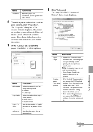 Page 4141 GB
    Printing from a PC
6To set the paper orientation or other 
print options, click “Properties”.
The “Properties” dialog box of the 
selected printer is displayed. The printer 
driver of the printer utilizes the Universal 
Printer Driver, a Microsoft common 
printer driver. In the dialog boxes, there 
are some items that are not used within 
this printer.
7In the “Layout” tab, specify the 
paper orientation or other options.
8Click “Advanced.
The “Sony DPP-FP65/75 Advanced 
Options” dialog box is...