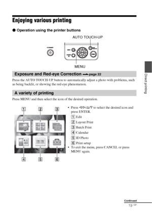 Page 1919 GB
Direct printing
Enjoying various printing
z Operation using the printer buttons
                                                                                 MENU
Press the AUTO TOUCH-UP button to automatically adjust a photo with problems, such 
as being backlit, or showing the red-eye phenomenon.
Press MENU and then select the icon of the desired operation.
Exposure and Red-eye Correction .page 22
AUTO TOUCH-UP
A variety of printing
g/G/f/F to select the desired icon and 
press ENTER.
1 Edit
2...