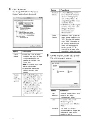 Page 4444 GB
8Click “Advanced.”
The “Sony DPP-FP67/77 Advanced 
Options” dialog box is displayed.
9On the “Paper/Quality” tab, specify 
the color or paper source.
Items  Functions
Paper/
Output Paper Size: From the drop-
down list box, select the paper 
size you actually use for 
printing: P size (post card 
size)/L size
   Note: L size print paper is not 
sold in some regions.
 Copy Count: Specify the 
number of copies to be 
printed.
Graphic - 
Image 
Color Man-
agement ICM Method: The printer does 
not...