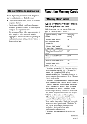 Page 6363 GB
   Additional information
When duplicating documents with the printer, 
pay special attention to the following:
 Duplication of banknotes, coins, or securities 
is against the law.
 Duplication of blank certificates, licenses, 
passports, private securities, or unused postal 
stamps is also against the law.
 TV programs, films, video tapes, portraits of 
other people or other materials may be 
copyrighted. Unauthorized video printing of 
such materials may infringe the provisions of 
the copyright...