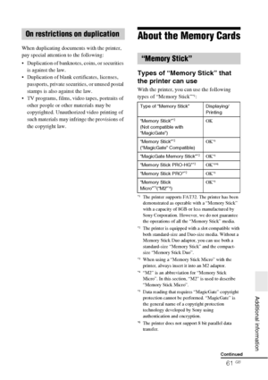Page 6161 GB
   Additional information
When duplicating documents with the printer, 
pay special attention to the following:
 Duplication of banknotes, coins, or securities 
is against the law.
 Duplication of blank certificates, licenses, 
passports, private securities, or unused postal 
stamps is also against the law.
 TV programs, films, video tapes, portraits of 
other people or other materials may be 
copyrighted. Unauthorized video printing of 
such materials may infringe the provisions of 
the copyright...