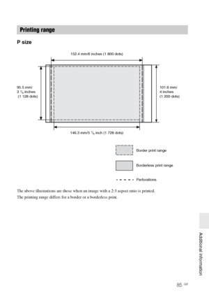 Page 85D:\Printer\DPPFP85.95 series\IM\3285420121DPPFP85.95IM_GB\3285420121\3285420121DPPFP8595IM_GB\110ADD.fm
Master: Right
DPP-FP85/FP95 3-285-420-12 (1)
85 GB
   Additional information
P size
The above illustrations are those when an image with a 2:3 aspect ratio is printed.
The printing range differs for a border or a borderless print.
Printing range
152.4 mm/6 inches (1 800 dots)
146.3 mm/5 
7/8 inch (1 728 dots) 95.5 mm/
3 
7/8 inches
 (1 128 dots)101.6 mm/
4 inches
(1 200 dots)
Border print range...