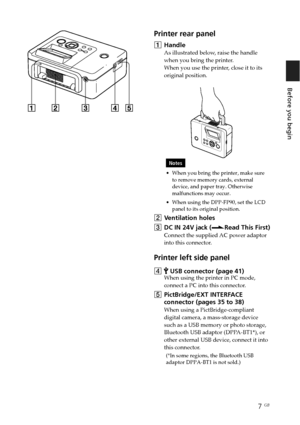 Page 77 GB
Before you begin
Printer rear panel
1Handle
As illustrated below, raise the handle
when you bring the printer.
When you use the printer, close it to its
original position.
Notes
•When you bring the printer, make sure
to remove memory cards, external
device, and paper tray. Otherwise
malfunctions may occur.
•When using the DPP-FP90, set the LCD
panel to its original position.
2Ventilation holes
3DC IN 24V jack (.Read This First)
Connect the supplied AC power adaptor
into this connector.
Printer left...