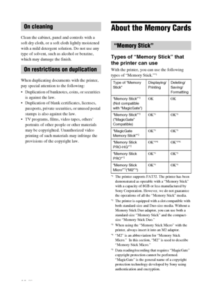 Page 80D:\Printer\DPPFP85.95 series\IM\3285420121DPPFP85.95IM_GB\3285420121\3285420121DPPFP8595IM_GB\110ADD.fm
Master: Left
DPP-FP85/FP95 3-285-420-12 (1)
80 GB
Clean the cabinet, panel and controls with a 
soft dry cloth, or a soft cloth lightly moistened 
with a mild detergent solution. Do not use any 
type of solvent, such as alcohol or benzine, 
which may damage the finish.
When duplicating documents with the printer, 
pay special attention to the following:
 Duplication of banknotes, coins, or securities...