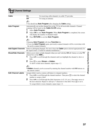 Page 3737
Customizing the TV Settings
Channel Settings
Cable OnFor receiving cable channels via cable TV provider.
OffFor using an antenna.
~
 You should run Auto Program after changing the Cable setting.
Auto ProgramAutomatically sets up the channel list on the TV for all receivable channels. Channel 
scanning will be based on the Cable On/Off setting.
1Select Auto Program.
2Select OK to start Auto Program. When Auto Program is completed, the screen 
will display the number of channels found.
3Press RETURN to...