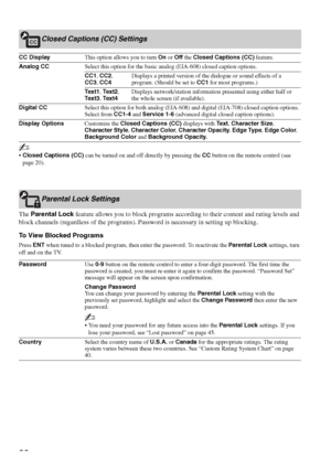 Page 3838
The Parental Lock feature allows you to block programs according to their content and rating levels and 
block channels (regardless of the programs). Password is necessary in setting up blocking.
To View Blocked Programs
Press ENT when tuned to a blocked program, then enter the password. To reactivate the Parental Lock settings, turn 
off and on the TV.
Closed Captions (CC) Settings
CC DisplayThis option allows you to turn On or Off the Closed Captions (CC) feature.
Analog CCSelect this option for the...