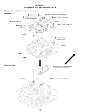 Page 16– 16 –
Note: Follow the assembly procedure in the numerical order given.
SECTION  3
ASSEMBLY  OF  MECHANISM  DECK
2Install the hanger onto
two claws of the housing.1Install the catch to the hanger.
7Holder the hanger by bending the claw.
Apar t
Bpart
Cpar t
Dpar t
8Hold the hanger by
bending the claw.
3Put the housing
under A part.
4Fit claw on B part.
6Fit projection on D part.
5Fit projection on C part.
hanger
HOUSING
2Move the arm (suction) in the arrow
direction and fit on projection.
1Fit the arm...