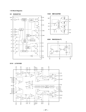 Page 27– 37 –
• IC Block Diagrams
IC1 BU2624F-E2
1
2
3
4
5
6
7
8
9
10
20
19
18
15
14
13
12
11
16
20BIT COUNTIF COUNT
CONTROL SHIFT
REGISTER
LATCHMAIN
COUNT
PRESCALLER I/O
CONTROLREFERENCE
DIVIDERPHASE
DETECT
17 XOUT
XIN
CE
CK
DA
CD
P0
P1
P3
P4
PD2 SD IF2 IF1 P2 FMIN
AMIN VSS
PD1
VDD
+
–
+
–+
–
+ –
+ –
+ –
+
–
+
–
+
–
+
–+
–
+–
+ –
+ –
+
–
+
–
DECODER LATCHSHIFT
REGISTERCONTROL
–
+
+ –
12345678910
20
19
1817161514
13
12
11
21
22
2324252627282930313233
3435363738
39
4041424344
LSELO
L4
L3
L2
L1
VDD
R1
R2
R3
R4...