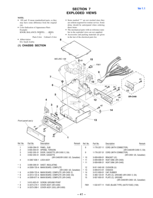 Page 31– 41 –
NOTE:
•-XX and -X mean standardized parts, so they
may have some difference from the original
one.
•Color Indication of Appearance Parts
Example:
KNOB, BALANCE (WHITE) . . . (RED)
↑↑
Parts Color Cabinets Color
•Abbreviation
EA: Saudi Arabia•Items marked “*” are not stocked since they
are seldom required for routine service. Some
delay should be anticipated when ordering
these items.
•The mechanical parts with no reference num-
ber in the exploded views are not supplied.
•Accessories and packing...