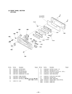 Page 33– 43 –
(3) FRONT  PANEL  SECTION
(XR-C450)
104
105
103110
111
112
SONY
106107
109 108
115
114LCD901 not supplied
(KEY board)#5
#5
101116
PL904 PL903
Ref. No. Part No. Description RemarkRef. No. Part No. Description Remark
101 3-009-301-01 BUTTON (BASS)
103 3-009-299-01 BUTTON (L2) (+.-)
104 3-009-304-01 BUTTON (RELEASE)
105 3-932-475-01 SPRING (RELEASE)
106 3-904-194-01 EMBLEM (NO. 2.5), SONY
107 X-3373-665-1 PANEL SUB ASSY
108 3-009-300-01 BUTTON (SOURCE)
109 3-009-297-01 BUTTON (L) (+ + ). SEEK AMS. =...