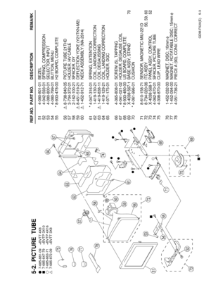 Page 43GDM-F520(E) 5-3
REF.NO. PART NO. DESCRIPTION REMARK
5-2. PICTURE  TUBE
51 4-080-801-01 BEZEL
52 4-042-593-01 SPRING, COMPRESSION
53 4-080-800-01 SELECTOR, INPUT
54 4-080-799-01 BUTTON, MENU
55 * 8-933-478-00 H2 BOARD, COMPLETE
56 08-738-840-05 PICTURE TUBE 21THD
57 3-704-372-01 HOLDER, HV CABLE
58 2-162-100-21 SPACER, DY
59 08-451-519-21 DEFLECTION YOKE (Y21TKN-M2)
60 01-452-912-71 NECK ASSEMBLY (NA-2914)
61 * 4-047-316-01 SPRING, EXTENTION
62 1-419-130-21 COIL, LANDING CORRECTION
63 01-419-838-11 COIL...