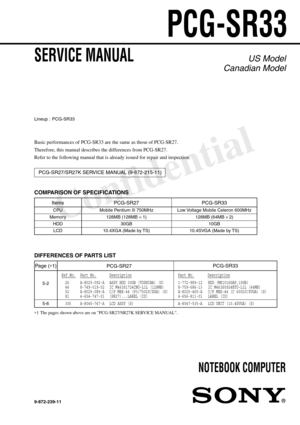 Page 85Confidential
PCG-SR33
US Model
Canadian ModelSERVICE MANUAL
NOTEBOOK COMPUTER
Basic performances of PCG-SR33 are the same as those of PCG-SR27.
Therefore, this manual describes the differences from PCG-SR27.
Refer to the following manual that is already issued for repair and inspection.
PCG-SR27/SR27K SERVICE MANUAL (9-872-215-11)
Lineup : PCG-SR33
9-872-239-11
Items
CPU
Memory
HDD
LCD
PCG-SR27
Mobile Pentium III 750MHz
128MB (128MB × 1)
30GB
10.4XGA (Made by TS)
PCG-SR33
Low Voltage Mobile Celeron...