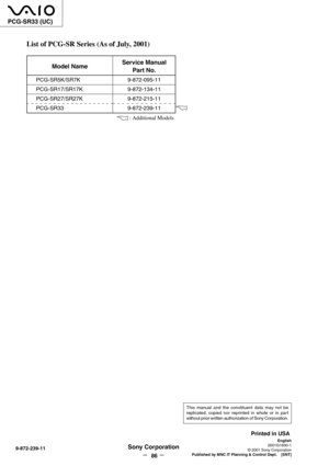 Page 86PCG-SR33 (UC)
This manual and the constituent data may not be
replicated, copied nor reprinted in whole or in part
without prior written authorization of Sony Corporation.
— 2 —
Sony Corporation9-872-239-11
English
2001G1600-1
© 2001 Sony Corporation
Published by MNC IT Planning & Control Dept.    [SNT]
List of PCG-SR Series (As of July, 2001)
Model Name
PCG-SR5K/SR7K
PCG-SR17/SR17K
PCG-SR27/SR27K
PCG-SR33
Service Manual
Part No.
9-872-095-11
9-872-134-11
9-872-215-11
9-872-239-11
 : Additional Models 