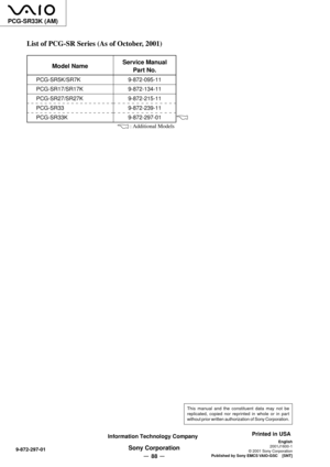 Page 88PCG-SR33K (AM)
This manual and the constituent data may not be
replicated, copied nor reprinted in whole or in part
without prior written authorization of Sony Corporation.
— 2 —
Sony Corporation9-872-297-01
English
2001J1600-1
© 2001 Sony Corporation
Published by Sony EMCS VAIO-GSC    [SNT]
List of PCG-SR Series (As of October, 2001)
Model Name
PCG-SR5K/SR7K
PCG-SR17/SR17K
PCG-SR27/SR27K
PCG-SR33
PCG-SR33K
Service Manual
Part No.
9-872-095-11
9-872-134-11
9-872-215-11
9-872-239-11
9-872-297-01
 :...