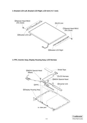 Page 121-9
Confidential
PCG-FX210 (UC)
2. Bracket LCD Left, Bracket LCD Right, LCD Unit (14.1 inch)
3. FPC, Inverter Assy, Display Housing Assy, LCD Harness
: claw part
5M2X4 Special Head 6M2X4 Special Head 
(Black)
8Display Housing Assy4FPC2Inverter Unit
31
7LCD Harness Shield Tape
5LCD Unit
2Bracket LCD Right 4Bracket LCD Left1Special Head M2x3
    (X4) (Gold)  3Special Head M2x3
    (X4) (Gold)  