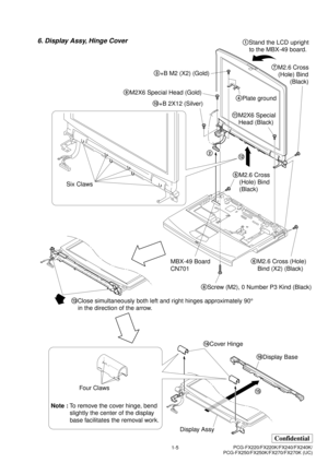 Page 81-5
Confidential
PCG-FX220/FX220K/FX240/FX240K/
PCG-FX250/FX250K/FX270/FX270K (UC)
6. Display Assy, Hinge Cover
Four ClawsqfCover Hinge
qhDisplay Base
qg
Display AssyqaM2X6 Special
    Head (Black)
8Screw (M2), 0 Number P3 Kind (Black) 9M2X6 Special Head (Gold)
5M2.6 Cross
    (Hole) Bind
(Black)7M2.6 Cross
    (Hole) Bind
       (Black)
qs 2
6M2.6 Cross (Hole)
    Bind (X2) (Black) q;+B 2X12 (Silver)
Six Claws
MBX-49 Board
CN701
4Plate ground 3+B M2 (X2) (Gold)
qdClose simultaneously both left and right...