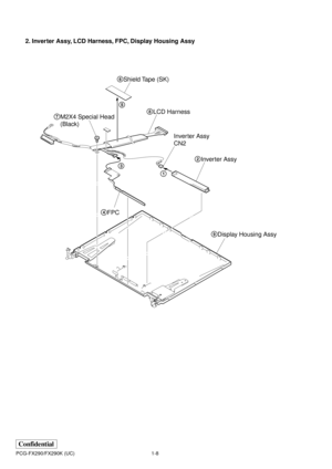 Page 111-8
Confidential
PCG-FX290/FX290K (UC)
2. Inverter Assy, LCD Harness, FPC, Display Housing Assy
1 32Inverter Assy
9Display Housing Assy Inverter Assy
CN2
4FPC 7M2X4 Special Head 
(Black)
8LCD Harness
5 6Shield Tape (SK) 
