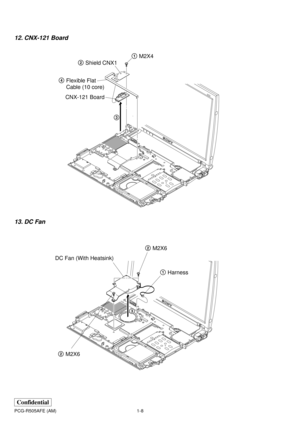 Page 111-8 PCG-R505AFE (AM)
Confidential
DC Fan (With Heatsink)2M2X6
2M2X61Harness
3
12. CNX-121 Board
13. DC Fan
1M2X4
3 4Flexible Flat 
Cable (10 core)
CNX-121 Board2Shield CNX1 