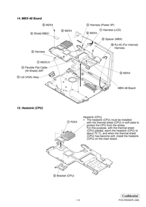 Page 121-9PCG-R505AFE (AM)
Confidential
14. MBX-48 Board
15. Heatsink (CPU)
qaLid (VGA) Assy4Flexible Flat Cable
(NI Shield) 20P7M2X3.55M2X4
5M2X4
5M2X4
5M2X4
92Harness (Power 3P)
1Harness (LCD)
8Spacer (MBX)
0RJ-45 (For Internal)
Harness
MBX-48 Board 3Harness 6Shield MBX1
1P2X3
2
3Bracket (CPU)
Heatsink (CPU)
*The heatsink (CPU) must be installed
with the thermal sheet (CPU) in soft state to
protect the CPU from the stress.
For this purpose, with the thermal sheet
(CPU) pasted, warm the heatsink (CPU) to
about...