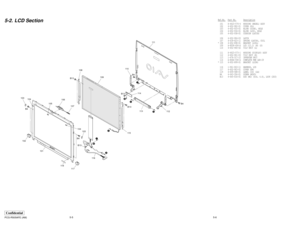 Page 22PCG-R505AFE (AM)
Confidential
5-55-6
5-2. LCD SectionRef.No.Part No.Description
101 X-4623-574-4 HOUSING (BEZEL) ASSY
102 4-652-902-01 COVER (DL)
103 4-652-933-01 BLIND (SIDE), HOLE
104 4-652-934-01 BLIND (LCD), HOLE
105 4-652-938-01 CUSHION (LATCH)
106 4-652-904-03 LATCH
107 4-639-623-11 SPRING (LATCH), COIL
* 108 4-652-898-01 BRACKET (LCDL)
109 A-8058-456-A LCD (12.1) (H) (S)
110 4-652-900-02 TILT UNIT (L)
111 X-4623-573-1 HOUSING (DISPLAY) ASSY
112 4-652-901-03 TILT UNIT (R)
113 1-476-317-12 INVERTER...