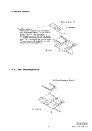 Page 101-7 PCG-C1VP/C1VPK (UC)
Confidential
12. PC Card Connector (Ejector) 11. Fan With Heatsink
Thermal Sheet (T)
1Harness
2M2X4
Fan With Heatsink
*The fan with heatsink must be installed
with the thermal sheet (T) in soft state to
protect the CPU from the stress.
For this purpose, with the thermal sheet
(T) pasted, warm the fan with heatsink to
about 70 °C, and when the thermal sheet
(T) has become soft, install the fan with
heatsink on the main board.
PC Card Connector (Ejector) 
1+PS 2X8 