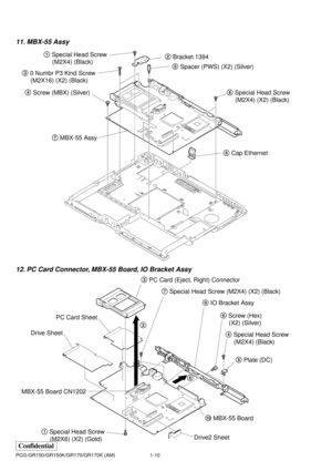 Page 131-10
Confidential
PCG-GR150/GR150K/GR170/GR170K (AM)
11. MBX-55 Assy
12. PC Card Connector, MBX-55 Board, IO Bracket Assy
1 Special Head Screw
     (M2X4) (Black)
3 0 Numbr P3 Kind Screw
     (M2X16) (X2) (Black)
4 Screw (MBX) (Silver)
8 Cap Ethernet 6 Special Head Screw
     (M2X4) (X2) (Black)
7 MBX-55 Assy5 Spacer (PWS) (X2) (Silver) 2 Bracket 1394
3 PC Card (Eject, Right) Connector
26 Screw (Hex)
     (X2) (Silver) 9 IO Bracket Assy 7 Special Head Screw (M2X4) (X2) (Black)
8
1 Special Head Screw...