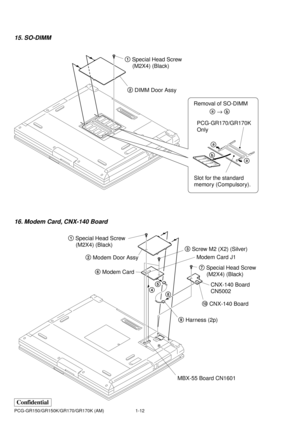 Page 151-12
Confidential
PCG-GR150/GR150K/GR170/GR170K (AM)
15. SO-DIMM
16. Modem Card, CNX-140 Board
1 Special Head Screw
     (M2X4) (Black)
2 DIMM Door Assy
ba
a a → b
Removal of SO-DIMM
Slot for the standard
memory (Compulsory).PCG-GR170/GR170K
Only
1 Special Head Screw
     (M2X4) (Black)
2 Modem Door Assy
6 Modem Card
MBX-55 Board CN1601CNX-140 Board
CN5002 Modem Card J1
7 Special Head Screw
     (M2X4) (Black)
q; CNX-140 Board
9 Harness (2p) 83 Screw M2 (X2) (Silver)
45 