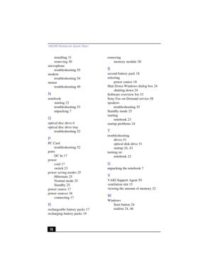 Page 96VAIO® Notebook Quick Star t
70installing 31
removing 30
microphone
troubleshooting 55
modem
troubleshooting 54
mouse
troubleshooting 49
N
notebook
starting 23
troubleshooting 53
unpacking 7
O
optical disc drive 6
optical disc drive tray
troubleshooting 52
P
PC Card
troubleshooting 52
ports
DC In 17
power
cord 17
switch 23
power saving modes 25
Hibernate 25
Normal mode 25
Standby 25
power source 17
power sources 18
connecting 17
R
rechargeable battery packs 17
recharging battery packs 19removing
memory...