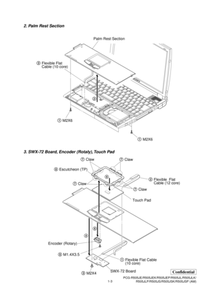 Page 61-3PCG-R505JE/R505JEK/R505JEP/R505JL/R505JLK/
R505JLP/R505JS/R505JSK/R505JSP (AM)
Confidential
2. Palm Rest Section
3. SWX-72 Board, Encoder (Rotaly), Touch Pad
3Flexible Flat 
Cable (10 core)Palm Rest Section
1M2X6 1M2X62
1Flexible Flat Cable 
(10 core)
3M2X469
4
5M1.4X3.57Claw7Claw
7Claw
7Claw
Touch Pad2Flexible  Flat
Cable (12 core) 8Escutcheon (TP)
SWX-72 Board Encoder (Rotary) 