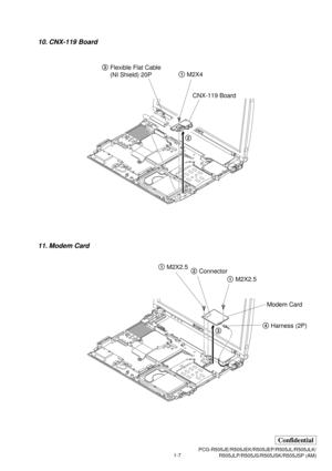 Page 101-7PCG-R505JE/R505JEK/R505JEP/R505JL/R505JLK/
R505JLP/R505JS/R505JSK/R505JSP (AM)
Confidential
1M2X2.5
1M2X2.5
4Harness (2P)
3Modem Card 2Connector
10. CNX-119 Board
11. Modem Card
3Flexible Flat Cable
(NI Shield) 20P1M2X4
2CNX-119 Board 