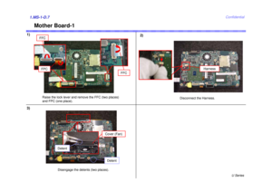 Page 7U Series
Confidential
Mother Board-1
1)
2)1.MS-1-D.73)
Raise the lock lever and remove the FFC (two places) 
and FPC (one place).Disconnect the Harness.FPCFFC
FFC
Harness
Cover (Fan)
Disengage the detents (two places).
Detent
Detent 