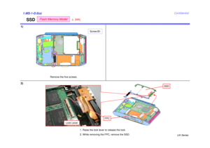 Page 11UX Series
Confidential
SSD
1)1.MS-1-D.9(a)2)
Remove the five screws.1. Raise the lock lever to release the lock. 
2. While removing the FPC, remove the SSD.
Lock Lever
Screw:B1
FPC
SSD
Flash Memory Model
[MA]
3 