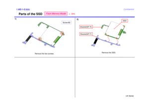 Page 12UX Series
Confidential
Parts of the SSD
1)1.MS-1-D.9(b)
Remove the two screws.
Screw:B2
Bracket(MT R)Bracket(MT F)
SSD
Remove the SSD.
2)
Flash Memory Model
[MA]
3 